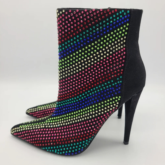 JustFab Black Rainbow Rhinestone Embellished Pointed Toe Stiletto Boots 8 - Picture 3 of 16